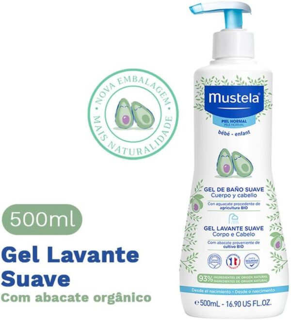 Mustela BR Gel Lavante Suave Com Abacate Orgânico 500Ml - Sabonete Líquido Corpo e Cabelo Para Bebês 93% De Ingredientes De Origem Natural Fórmula Biodegradável - Mustela Bebê e Criança - Imagem 3