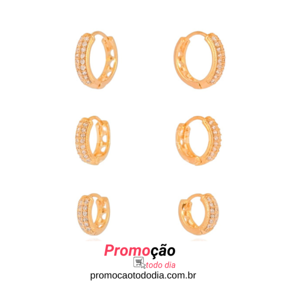 Semijoia brinco Trio de Argolas Cravejadas Cristal Dourado