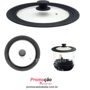 Tampa Universal de Vidro com Borda de Silicone Preta com Puxador 24-26-28 Cm Premium